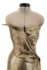 Fabulous c.1986 Thierry Mugler Strapless Metallic Gold Lurex Mini Dress w Buckle Detail