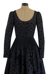 Fall 1974 Louis Mies Couture YSL Silk Taffeta Dress w Hand Embroidered Velvet Rose Detail