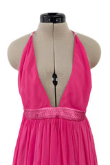 Recent Givenchy Vivid Silk Pink Chiffon Halter Dress w Completely Open Back & Multi Length Hem