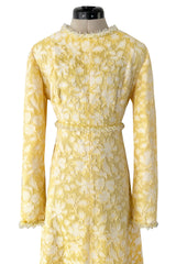 Prettiest 1960s Yves Saint Laurent Stoffler Fabrics Yellow Brocade Dress w Clear Beads