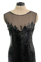 1973 Loris Azzaro Couture Black Flame Sequin Detailing & Feather Light Silk Chiffon Dress