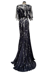 Outstanding Fall 2010 Alexander McQueen Gray Scale Print Silk Dress w Caped Sleeves & Trained Skirt