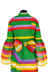Spectacular 1968 Bill Blass Bright Striped Silk Organza Dress w Original Bow Belt & Bell Sleeves