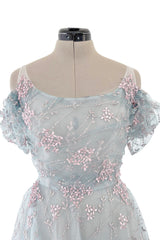 Dreamy Luisa Beccaria Pale Turquoise Net Off Shoulder Dress w Pink & Gold Embroidery