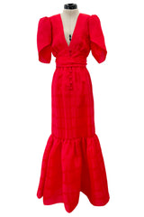 Gorgeous Spring 1974 Givenchy Red Silk Organza Full Lower Skirted Dress w Sash & Incredible Sleeves