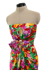 Prettiest 1980s Arnold Scaasi Strapless Metallic Finished Brilliant Floral Print Dress w Bow