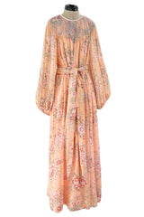 Incredible 1970s Hanae Mori Floral & Butterfly Peach Silk Chiffon Dress w Balloon Sleeves & Beading