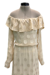 Amazing Fall 1973 Yves Saint Laurent Haute Couture Runway Off Shoulder Ivory Dress w Hand Applied Dots