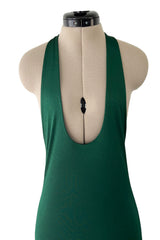 Sexiest 1974 Halston Couture Deep Green Silk Jersey Backless Dress w Front Plunge & Long Ties