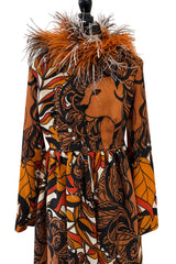 Early 1970s Bill Blass Couture Hand Beaded Lion Print Dress w Elaborate Feather Collar