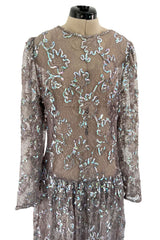Prettiest 1970s Unlabeled Pale Grey Lace & Blue Grey Glossy Sequin Drop Waist Dress