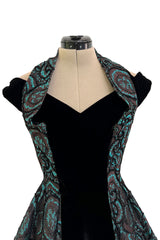 Spectacular 1940s Lilli Ann Teal & Brown Brodace & Velvet Dress w Looped Lame Detailing