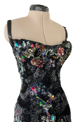 Exquisite 1950s Unlabeled Hand Made Couture Heavily Sequinned & Beaded Strapless Burlesque or Showgirl Dress