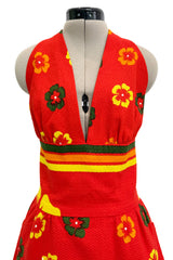 Gorgeous 1971-1972 Lanvin by Jules-Francois Crahay Floral Printed Coral Cotton Pique Backless Halter Dress