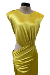 Incredible 1990s Gianni Versace Chartreuse Stretch Dress w Side Cut Out & Slit