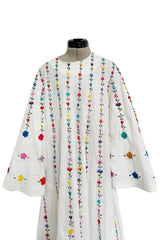 Fantastic 1960s Unlabeled White Cotton Hand Embroidered Mexican Caftan Dress