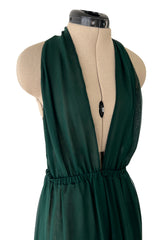 Incredible circa 1973 Halston Couture Green Silk Chiffon Backless & Plunging FrontJumpsuit