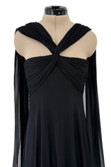 Gorgeous Spring 1989 Bill Blass Runway Black Silk Halter Chiffon w Trailing Shoulder Panels