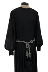 Gorgeous 1960s James Galanos Meticulously Pleated Black Silk Chiffon Dress w Elaborate Belt