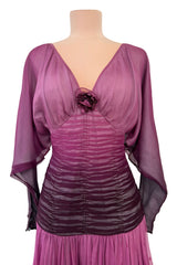 Rare 1970s Bill Gibb Deep Pink Ombre Hand Dyed Silk Chiffon Dress w Fused Glitter Detailing