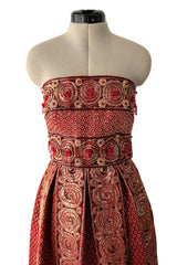 Stunning 1960s Paul Whitney Numbered Strapless Beaded Gold & Red Silk Brocade Dress