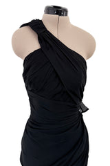 Incredible 1980s Thierry Mugler Black Layered Silk Chiffon One Shoulder Dress Flared Skirt Dress