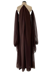 Extraordinary 1970s Yuki Brown Chiffon Caftan Dress w Open Shoulders & Incredible Sleeves
