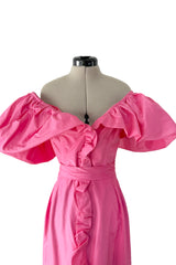 1980s Unlabeled Demi-Couture Pink Silk Dress w Ruffled Front & Caped Shoulders