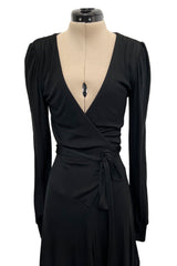 Incredibly Rare 1970s Holly’s Harp Bias Cut Black Jersey Dress w Crossed over Plunging Front