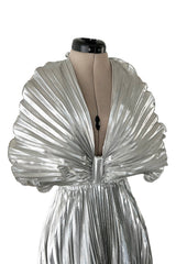 Exceptional 1970s Roland Klein Metallic Silver Lame Pleated Fan Dress w Completely Open Bare Back