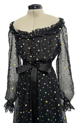 Prettiest 1970s Louis Feraud Black Chiffon Ruffled Dress w Multi Coloured Embroidered Dots