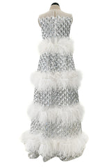 Fantastic Fall 2019 Huishan Zhang Silver Sequin on White Net & Organza Dress w Feather Detailing