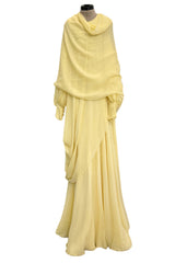 Exceptional 1970s George Stavropoulos Pale Yellow Bias Cut Silk Chiffon Caftan Dress w Attached Panel
