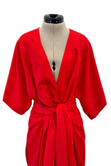 Fabulous 1970s Halston Wrap Plunge Red Full Length Dress w Wide Sleeves & Original Sash