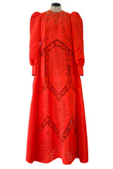 Spring 2020 Erdem Runway Look 41 Coral Red Embroidered Cut-Out Runway Dress w Buttoned Train