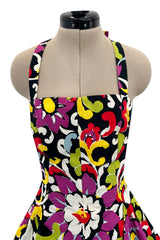 Gorgeous Resort 1993 Christian Lacroix Crisp Cotton Floral Print Halter Dress w Pouf Back Skirt