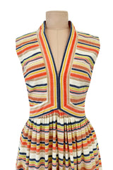 Prettiest 1970s Victor Costa Striped Waffle Weave Cotton Dress w Citrus Coloured Stripes & Full Skirt