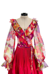 1972 Yves Saint Laurent Red Floral Silk Chiffon & Red Silk Dress w Balloon Sleeves & Pleat Detailing