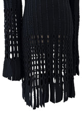 Important & Rare Fall 1993 Azzadine Alaia Black Ribed Knit Laser Cut Out & Fringe Dress