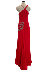Fabulous 2000s Versace by Donatella Red Crepe Dress w Rhinestone & Silver Chain Detailing