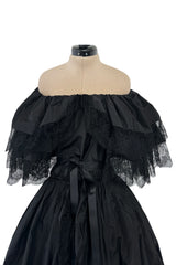 Dramatic 1970s Louis MiesOff Shoulder Haute Couture Silk Dress w Hand Made Lace & Full Skirt