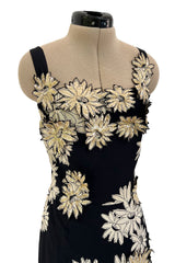 Bombshell Late 1940s Early 1950s Deep Blue Silk Wiggle Dress w Hand Cut Sequin Floral Applique