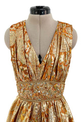 Incredible 1960s Unlabeled Gold Metallic Brocade Pouf Leg Jumpsuit w Gold Cord & Bead Detailing