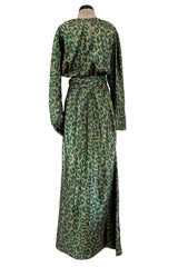Incredible Fall 1979 Halston Runway Feather Light Green & Metallic Gold Lurex Dress w Original Belt