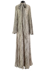 Exceptional 1970s George Stavropoulos Couture Bias Cut Grey Ribbon Silk Chiffon Dress w Sash