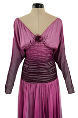 Stunning 1970s Bill Gibb Deep Purple Fuchsia Silk Chiffon & Glitter Dress w Deep Front & Back Plunge