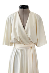 1970s Halston Draped Minimal Seamed Ivory Jersey Wrap Over Dress w Full Sleeves