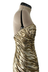 1989 Vicky Tiel Couture Metallic Gold Lame Gathered & Draped Strapless Dress