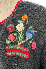 Prettiest 1980s Wolkenstricker Charcoal Colour Hand Knit Cardigan Sweater w Floral Details