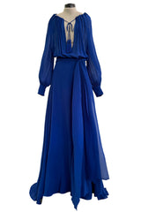 Superb Spring 2013 Yves Saint Laurent Hedi Slimane Debut Runway Blue Dress Silk Chiffon w Matching Cape & Sash